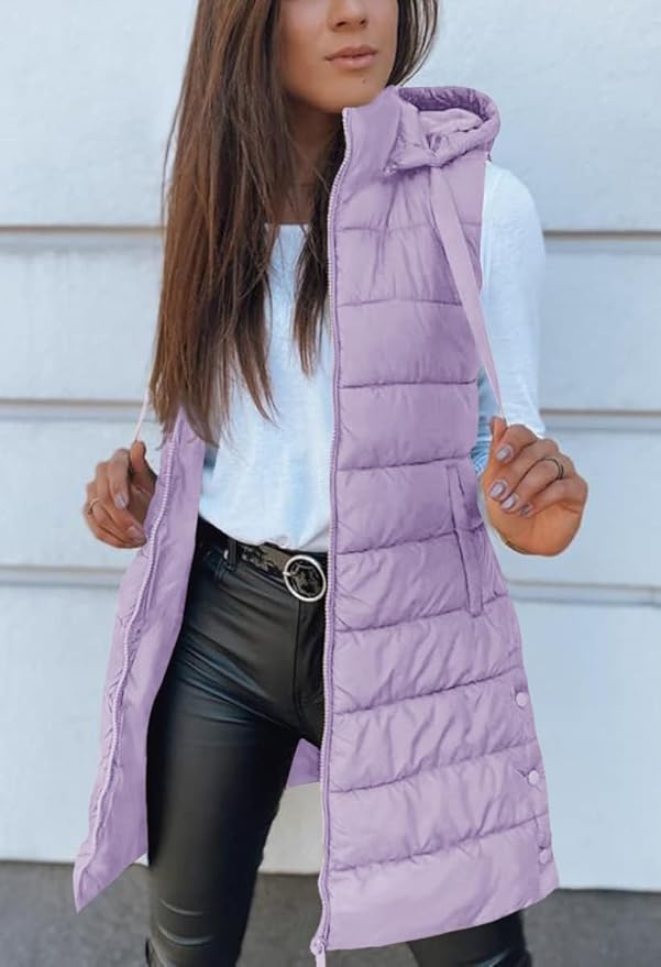 Veatzaer Women Long Vest Solid Color Sleeveless Hood Winter Puffer Vest Outwear