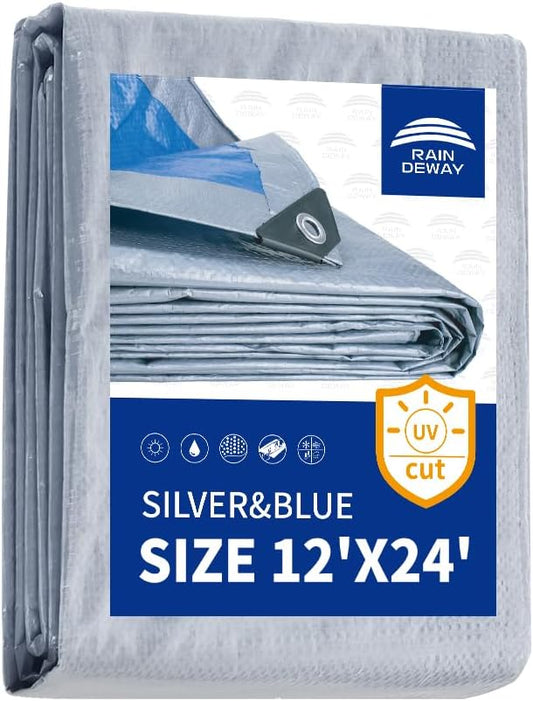 RAINDEWAY Tarps 12x24 Feet - 5.5 Mil, Multipurpose Waterproof Poly Tarp Cover with Metal Grommets and Reinforced Edges, Silver/Blue Tarp