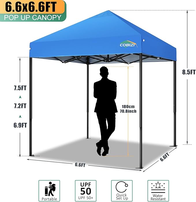 COBIZI 6.6x6.6ft Pop Up Canopy Tent, Heavy Duty Canopy Easy Set up All Weather Waterproof Outdoor Canopy Tent for Parties, Beach, Garden, Camping with 1 Handbag, 3 Adjustable Heights, UPF50+, Blue