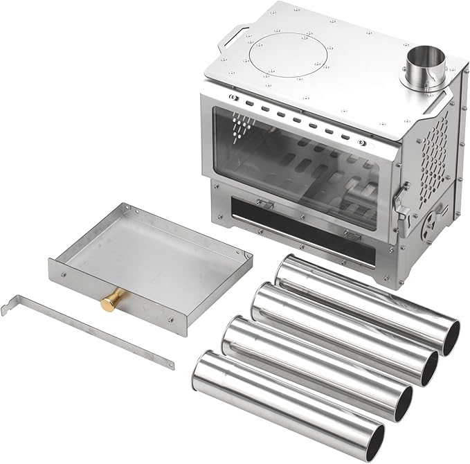 Hot Tent Stove, Heavy-Duty Stainless Steel Wood Burning Camping Stove with Chimney Pipes for Outdoor Cooking