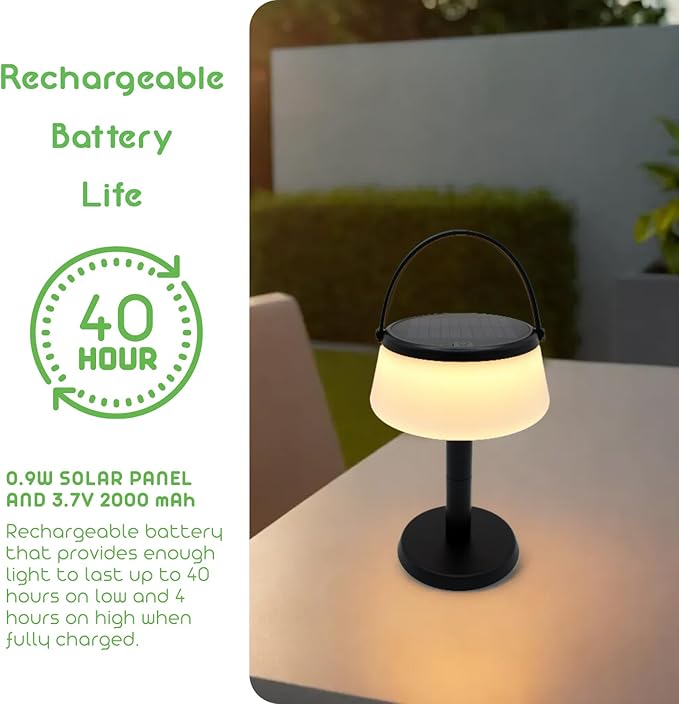 2-in-1 Portable Solar Power LED Table Lamp & Lantern - Indoor/Outdoor - Stepless Dimming - Rechargeable Battery - 330 lumens, 2700K - IP44 Weather Resistant - Black - 1 Pack