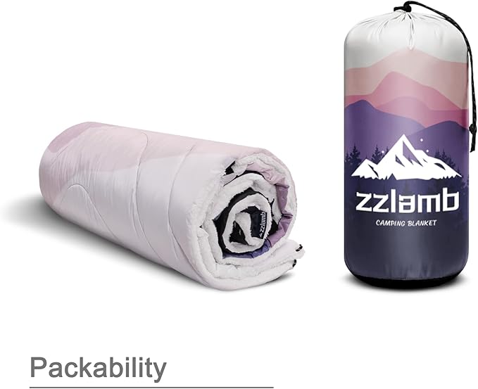 zzlamb Sherpa Puffy Camping Blanket,Packable Outdoor Warm Wearable Fleece Blankets for Cold Weather,Thick Camp Quilt with Sherpa Lining for Sleeping,Traveling,Backpacking,Picnics,Beach,Stadium 52x75in