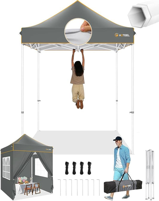 HOTEEL 6.6x6.6 Heavy Duty Pop Up Canopy Tent for Parties Event Wedding Commercial Instant Canopy with Carry Bag, Party Tent Waterproof UV 50+, Upgraded Thick Hexagonal Legs,Gray