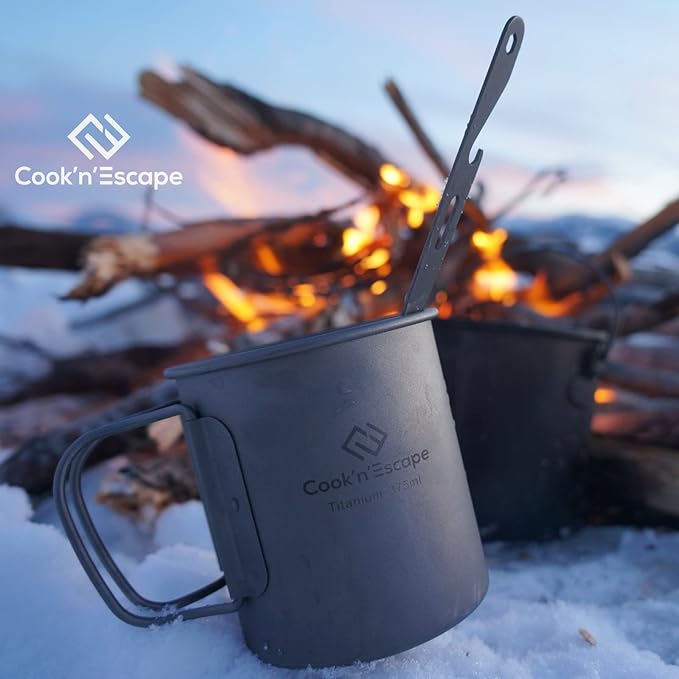 COOK'N'ESCAPE 375ml Camping Mug, Small Titanium Cup with Lightweight Backpacking Coffee Mug Foldable Handle for Outdoor Hiking Picnic Open Fire Cooking