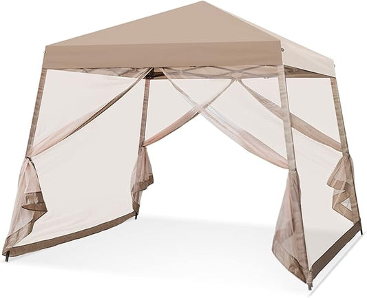 EAGLE PEAK 10x10 Slant Leg Easy Setup Pop Up Canopy Tent with Mosquito Netting 64 sqft of Shade, Beige