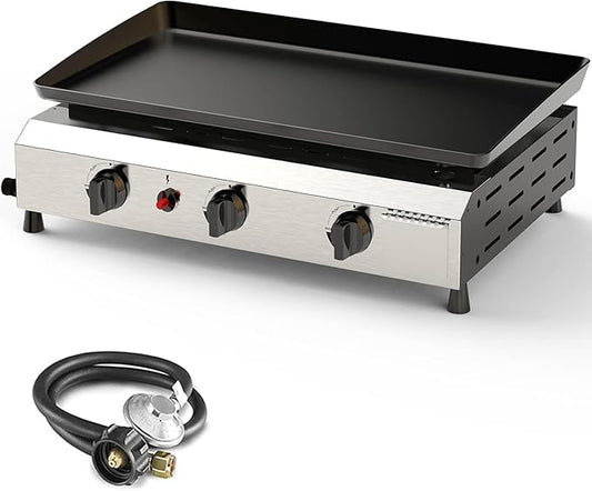 3 Burner BBQ Gas Griddle, 25.6 Inch Stainless Steel Tabletop Portable Propane Griddle, 30,000 BTU Flat Top Grill for Camping