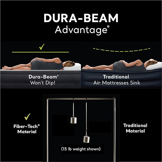Intex Air Mattress, 64123ED Dura-Beam Plus Pillow Rest Fiber-Tech – Queen Size – Built-in Electric Pump – 16.5in Bed Height – 600lb Weight Capacity