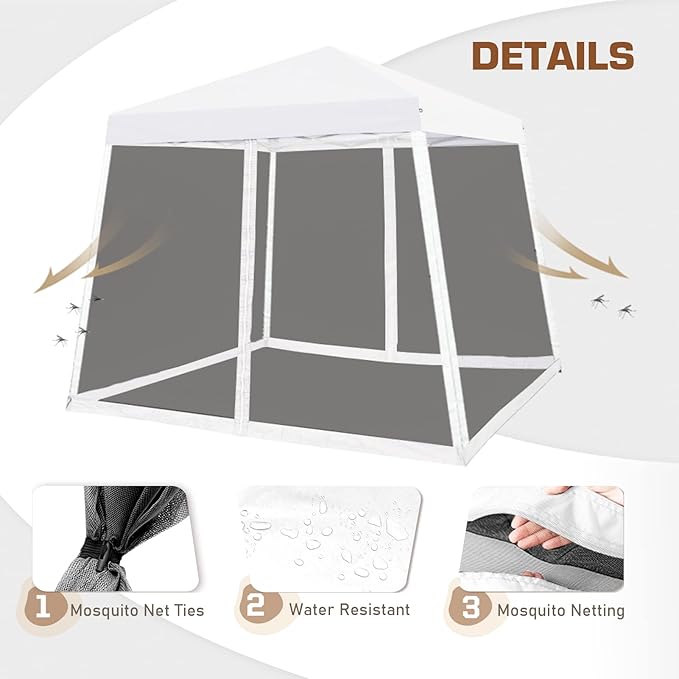 EAGLE PEAK 10x10 Slant Leg Easy Setup Pop Up Canopy Tent with Mosquito Netting 64 sqft of Shade, White