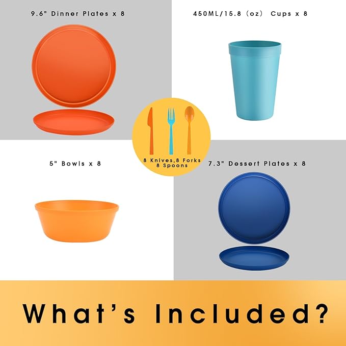 Plastic Dinnerware Sets – 40-Piece Colorful Plates and Bowls Set for 8, Reusable Unbreakable Fiesta Style Party Dishes with Cups, Knives, Forks and Spoons, for Outdoor, Picnic or Everyday Use