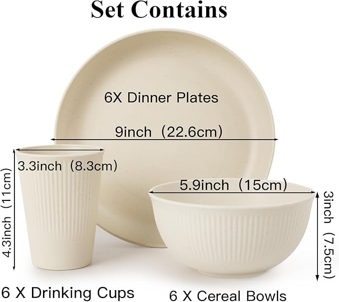 18PCS Wheat Straw Dinnerware Sets Unbreakable Dinnerware Sets Reusable Cups Plates and Bowls Sets Microwave Dinnerware Set for Kitchen Travel Camping