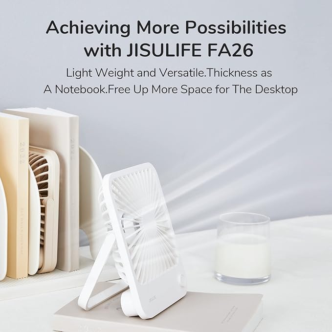 JISULIFE Small Desk Fan Battery Operated, 180° Foldable Portable Fan, 4 Speeds Adjustable Ultra Quiet for Home Office Travel Outdoor-White