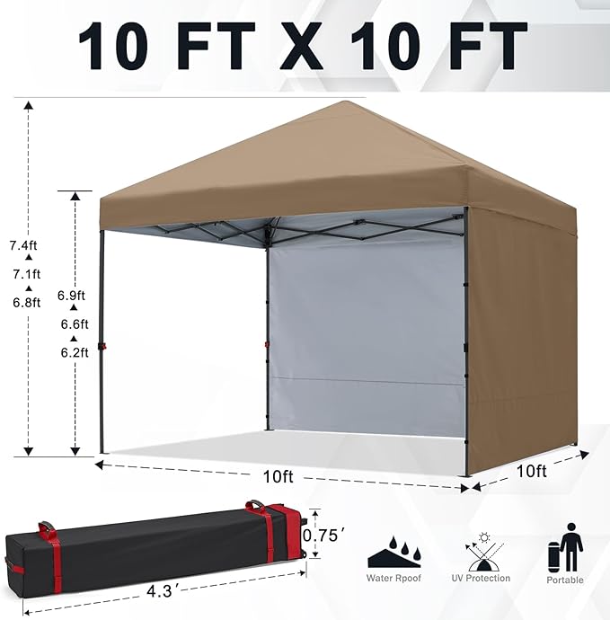 COOSHADE Pop Up Canopy Tent 10x10 with 2 Sidewalls, Outdoor Shade Instant Canopy Tents(Khaki)