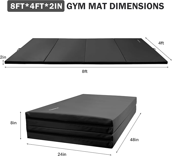 Folding Exercise Gymnastics Mat, 4'x8'x2" Gym Workout Mat with Carrying Handles 4-Fold High-Density Anti-Tear Portable Fitness Aerobics Mat for Home Gym Yoga Pilates Tumbling MMA Core Training