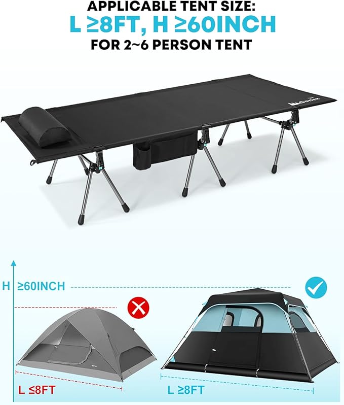 Gonex 31.5" Extra Wide Camping Cot with Leg Extenders 2 in 1 Portable Folding Cot for Adults Height Adjustable Supports 350lbs Sleeping Bed for Backpacking Travel Beach Home, Black