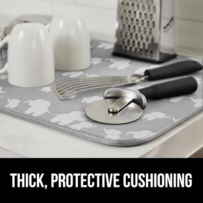 GORILLA GRIP Ultra Water Absorbent Microfiber Dish Drying Mat, Quick Dry Thick Mesh, Slip Resistant Pad for Sink Dishes or Under Rack, Kitchen Counter Accessories, 16x18, Machine Wash Mats, Elephants