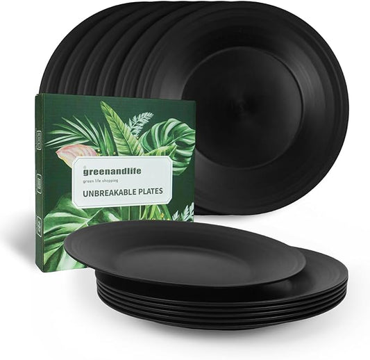 greenandlife 10inch/6pcs Dishwasher & Microwave Safe Wheat Straw Plates, Alternative for Plastic Plates, Lightweight Reusable Unbreakable Dinner Plates, Non-toxin, BPA Free for Kids Adults, Black