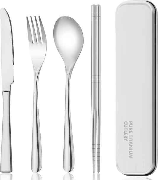 titanium tableware set, travel tableware with box, including titanium fork, knife, chopsticks and spoon, packed in a suitcase, portable design, suitable for school, work, picnic, camping use