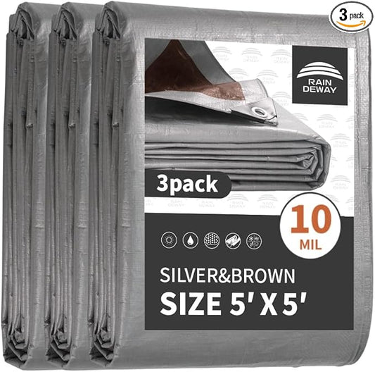 RAINDEWAY Tarps Heavy Duty Waterproof 5x5 Feet(3 Pack),10Mil Thick Multipurpose Poly Small Tarp Cover with Metal Grommets and Reinforced Edges,Silver/Brown Tarp