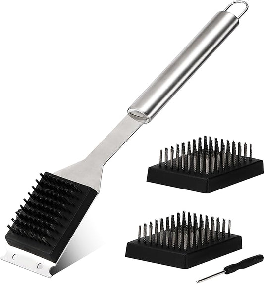 16.5” Grill Brush and Scraper with 2 Brush Replacements & 1 Screwdriver, Wire BBQ Grill Brush for Outdoor Grill, 304 Stainless Steel Cleaning Brush BBQ Grill Accessories