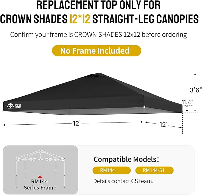 CROWN SHADES 12x12 Canopy Replacement Top - Only Compatible with Crown Shades RM144 Series, Silver Coated with Air Vent, Black (Top Only)