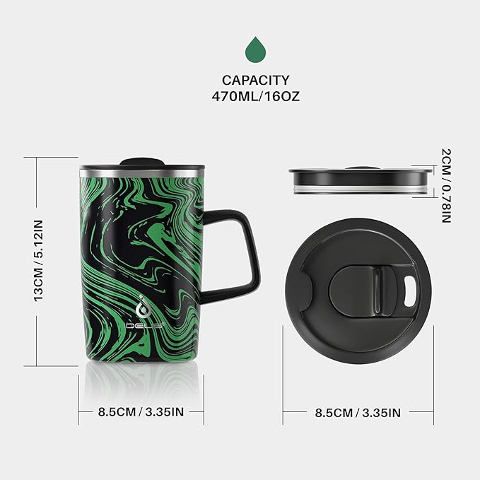 Ideus Vacuum Insulated Coffee Mug, 16oz Reusable Stainless Steel Thermal Double Walled cup with Handle and Slider Lid for Hot & Cold Beverages, BPA Free (Green Zebra)