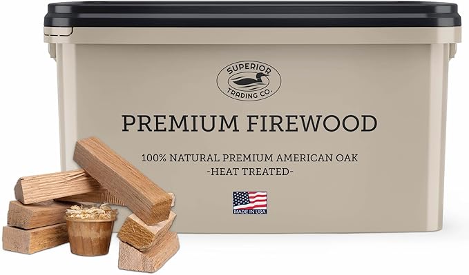 Superior Trading Oak Mini Fire Wood w/Fire Starter Pods, Winter Fireplace Starter, Wood Stove, USDA Cert 4-5” Kiln Dried Firewood, USA Made, 10-11 lbs in Plastic Storage Box