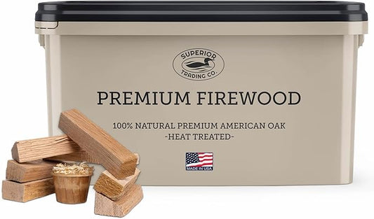 Superior Trading Oak Mini Fire Wood w/Fire Starter Pods, Winter Fireplace Starter, Wood Stove, USDA Cert 4-5” Kiln Dried Firewood, USA Made, 10-11 lbs in Plastic Storage Box