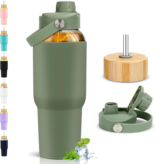PROBTTL 40 oz Glass Tumbler with Handle - Sports Clear Borosilicate Glass Water Bottle with Straw, Silicone Sleeve, 2 Lids - Handle Spout & Bamboo Straw Lid, Fits Car Cup Holder, Leakproof