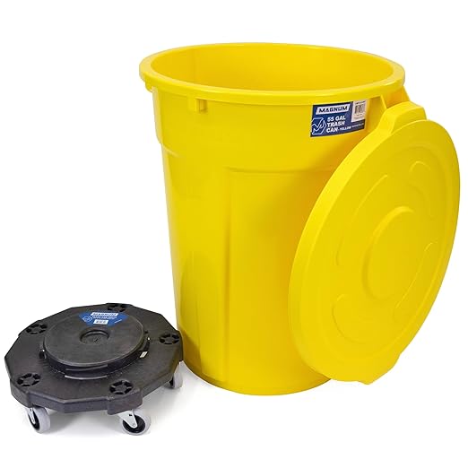 Magnum Yellow 55 Gallon Trash Can Set (Trash Can, Quiet Dolly, and Reinforced Lid), Construction Grade, Jobsite Ready, Non-Marking Wheels & Casters for Rolling Garbage CMTC-CLD0-55Y01 (1 Set)