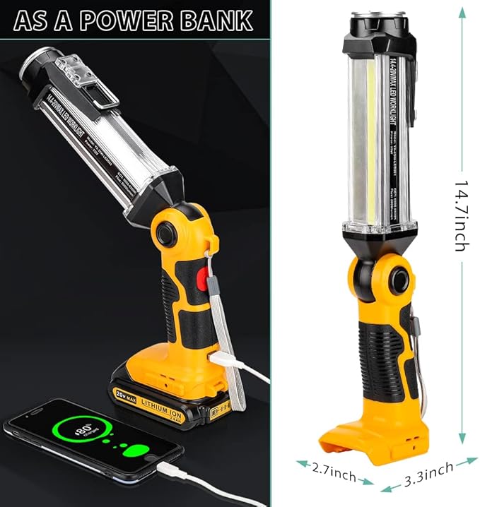 Flashlight for Dewalt 20v Battery, 35w 2000LM Portable Light with 3 Modes Lighting, USB-A Charging Port, Hook for Car Repairing, Garage, Jobsite, Power Outages