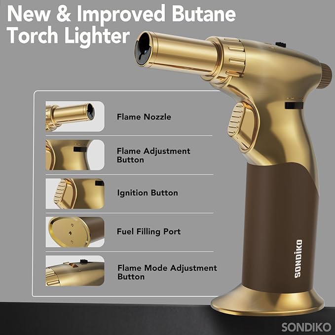 Sondiko DUAL Style Flame Butane Torch Lighter, Adjustable Flame Size Butane Lighter, Refillable Blow Torch with Continuous Flame Lock for Cooking, Butane Gas Is Not Included, Gold
