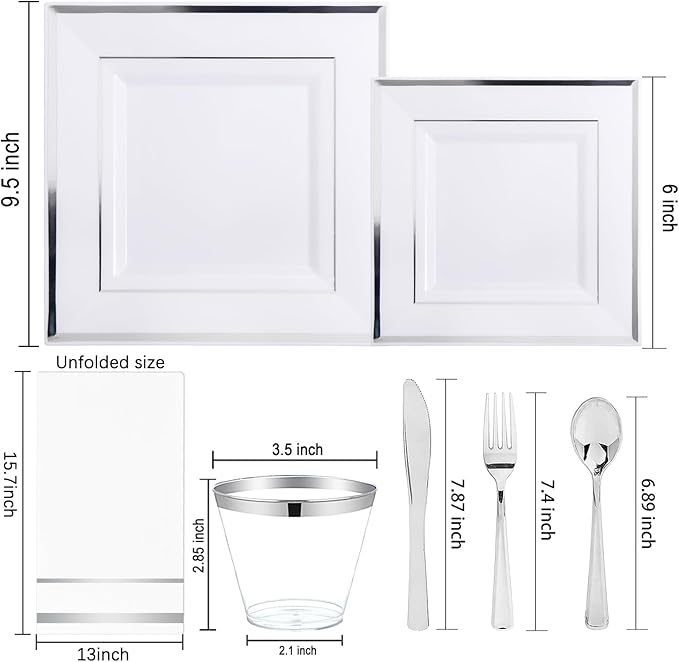 Festiva 350Pcs Silver Plates - Silver Square Plastic Plates 9 .5" and 6" - serve for 50 guests include 50 Cups 50Plastic Cutlery 50Hand Napkins Perfect for Party&Wedding&Birthday&Easter Day