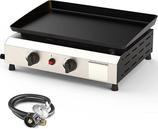 2 Burner BBQ Gas Griddle, 17.3 Inch Stainless Steel Portable Detachable Propane Griddle, 20,000 BTU Flat Top Barbecue Grill for Camping