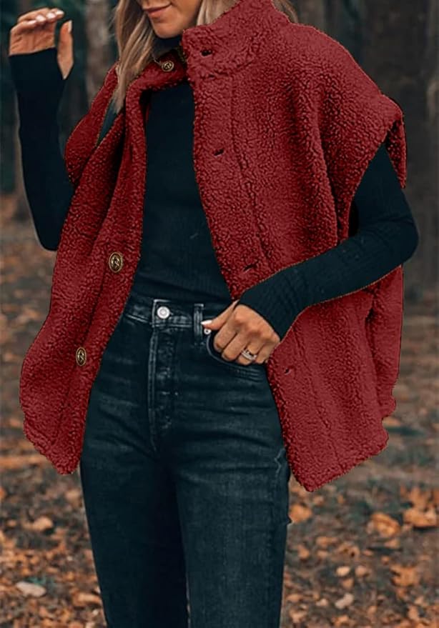 Hongqizo Womens Fuzzy Fleece Vest Casual Oversized Warm Button Down Sherpa Vest Jacket with Pockets