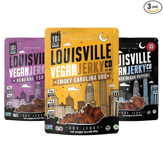 Louisville Vegan Jerky, Variety Pack – 3 Pack Includes Smoky Carolina BBQ, Smoked Black Pepper, General Tso - Non-GMO Soy Protein – Gluten-Free Ingredients, High Protein Vegan and Vegetarian Meat Jerky Snacks (3 oz, 3-Pack)