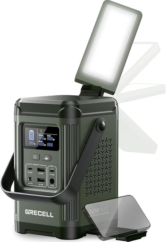 240W Portable Power Station 153.6WH Solar Generator, GRECELL LiFePO4 Battery Dual Way 100W PD Camping Power Bank with Integrated Stand for Outdoors Travel, Home Use（Wall Charger Not Included）