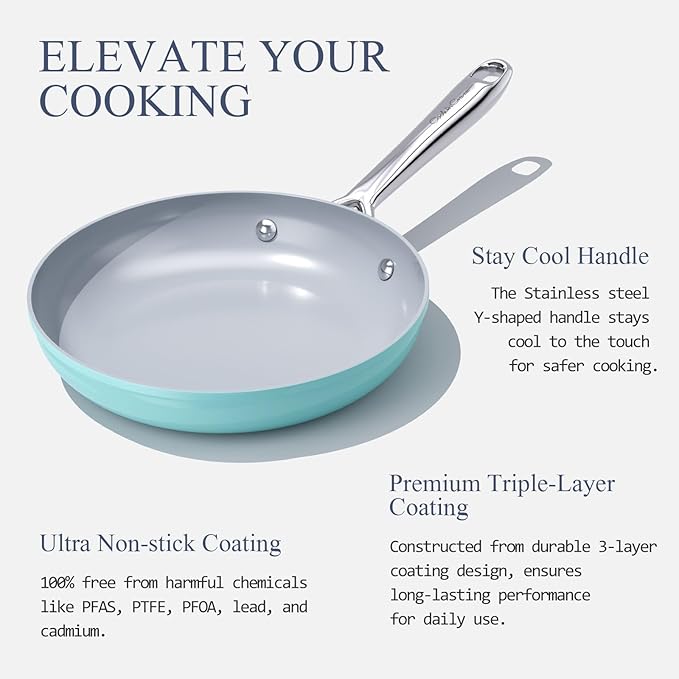 Nonstick Ceramic Frying Pan 10" for All Cooktops, PTFE/PFOA/PFAS Free, Even Heat Distribution Oven Safe up to 500°F, Healthy Non Toxic Skillet w/ Ergonomic Stainless Steel Handle, Caribbean Blue