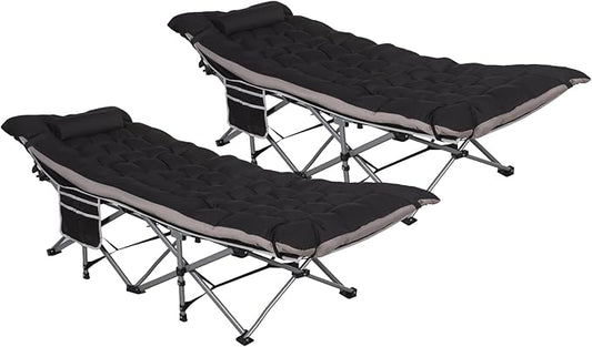 2 Pack Wide Folding Camping Cots with Pillow & Extra Thick 3 Inch Matress, Cots for Sleeping 900 LBS, Camping Bed for Adults with Cushion, Sleeping Cot (Black)