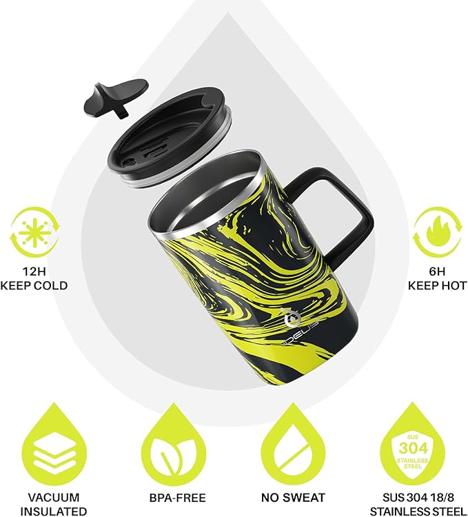 Ideus Vacuum Insulated Coffee Mug, 16oz Reusable Stainless Steel Thermal Double Walled cup with Handle and Slider Lid for Hot & Cold Beverages, BPA Free (Yellow Zebra)