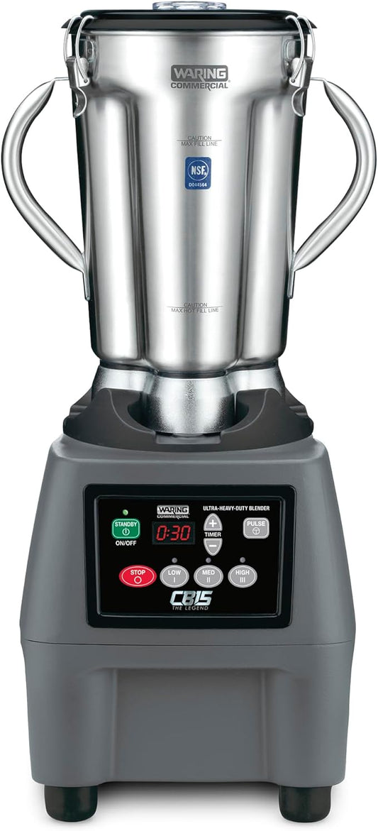 Waring CB15T Blender with Timer, Stainless Steel Container, 120V, 4 L Capacity, 26" Height, 15 Amps, Black