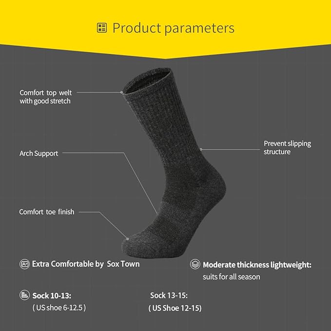 SOX TOWN Men's Merino Wool Cushion Crew Socks for Outdoor Hiking Hike Trail Performance Moisture Wicking Lightweight Summer