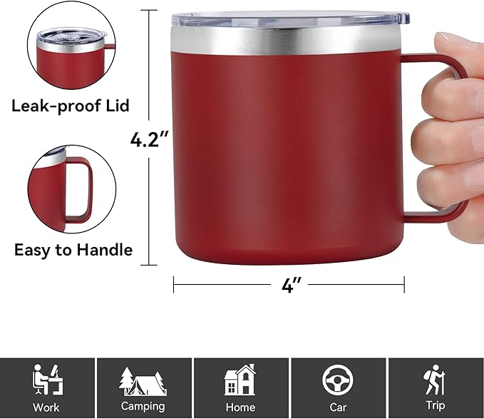 VEGOND 14 oz Insulated Coffee Mug Bulk with Handle, Stainless Steel Travel Coffee Mug with Lid, Double Wall Vacuum Metal Coffee Cup, Coffee Tumbler Powder Coated, Red 8 Pack