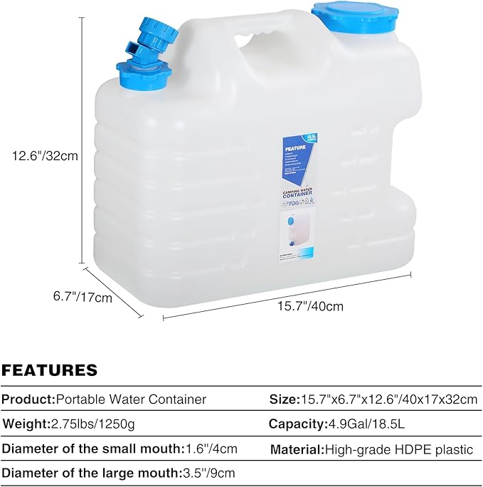 REDCAMP 5 Gallon/18.5L Portable Water Container with Spigot - Camping & Emergency Water Storage for Car, Hiking, Hurricane Supplies, 2 Pack