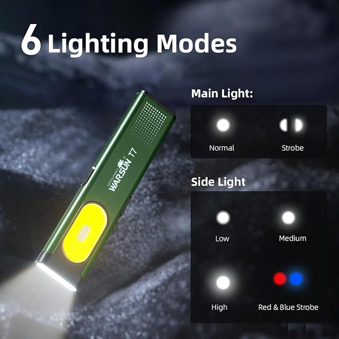 WARSUN Compact Multi-Mode Pocket LED Flashlight - 675LM, USB-C Rechargeable, IPX4, Dual Material, Red/Blue Strobe, for Everyday Carry & Travel