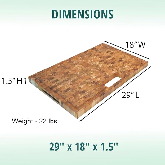 EcoDecors, Teak End Grain Cutting Board 29"x18", Solid FSC Teakwood Carving Board with Juice Groove, Handles & Waste Disposal, Butcher Block Cutting Board for Kitchen, BBQ, and Stove-Top Prep