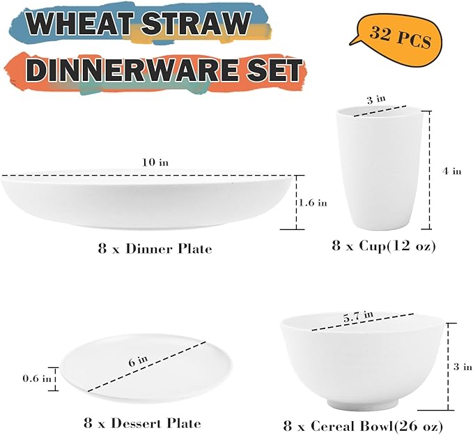 Wheat Straw Dinnerware Sets Service for 8, 32 Piece Plates and Bowls Sets, Microwave & Dishwasher Safe Dishes, Perfect for Kitchen Camping Picnic RV Dorm - White