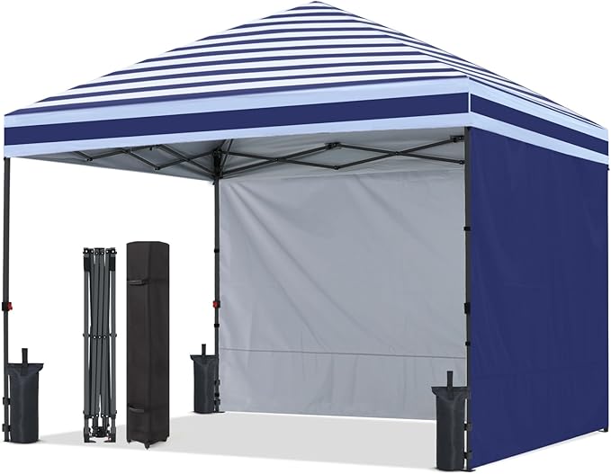 ABCCANOPY Pop up Canopy Tent with 2 Sidewalls for Outdoor Sun Blocking or Rain Protection,10x10, Navy Blue Stripes