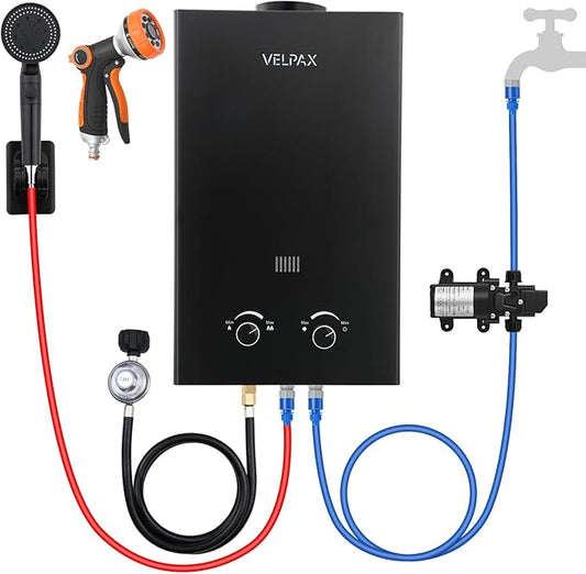 Tankless Water Heater Propane,2.11GPM 8L Outdoor Portable Water Heater,with 2 GPM Water Pump, with Digital Display Multi-Protection for Camping Trips Boat Cabins