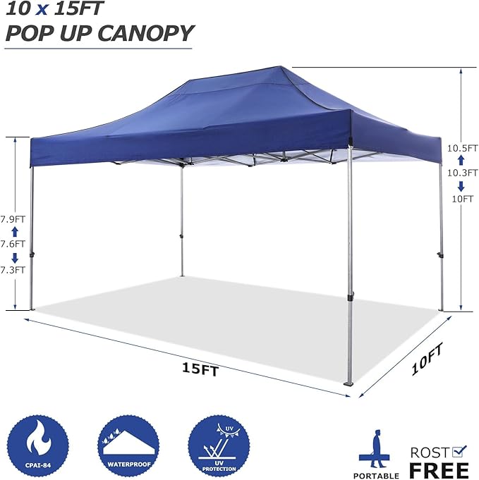 COBIZI 10x15 Pop Up Canopy Without Sidewall,Heavy Duty Canopy UPF 50+ All Season Wind Waterproof Commercial Outdoor Wedding Party Tents for Parties Gazebo with Carry Bag(10 x 15 ft Dark Blue)