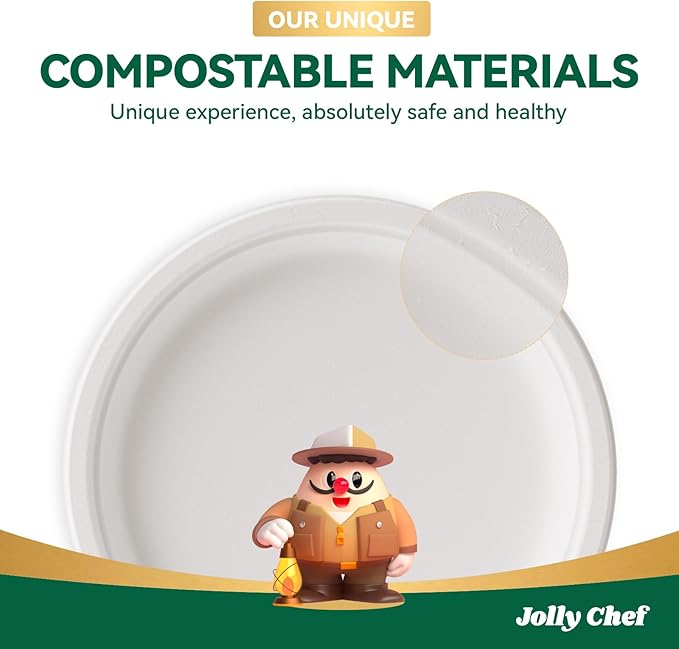 JOLLY CHEF Compostable Heavy Duty Plates 𝟳 𝗶𝗻𝗰𝗵 𝗮𝗻𝗱 𝟵 𝗶𝗻𝗰𝗵 [𝟭𝟮𝟬 𝗣𝗮𝗰𝗸] Eco-Friendly Disposable Paper Plates Bagasse Biodegradable Sugarcane Fibers Round Bulk for Party Dinner(White)